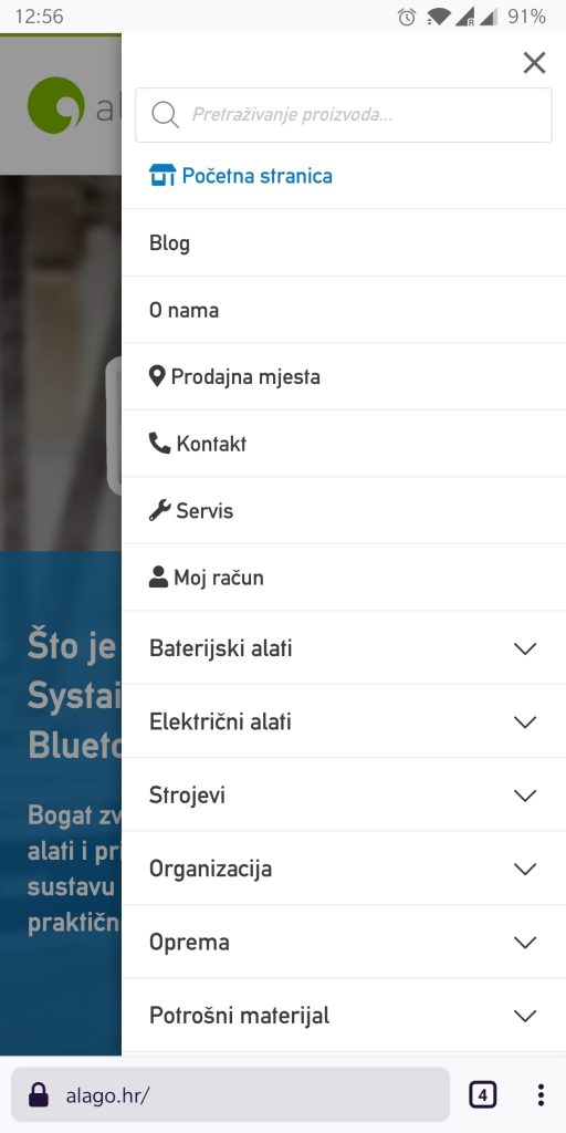 Alago.hr mobile homepage megamenu